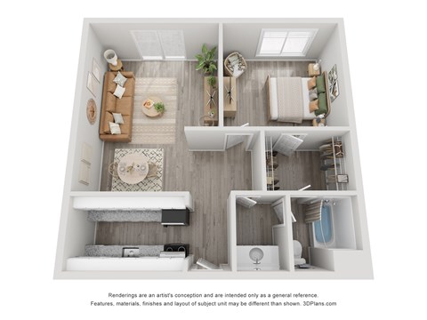 Floor plan for 1 bed, 1 bath, 890 sqft